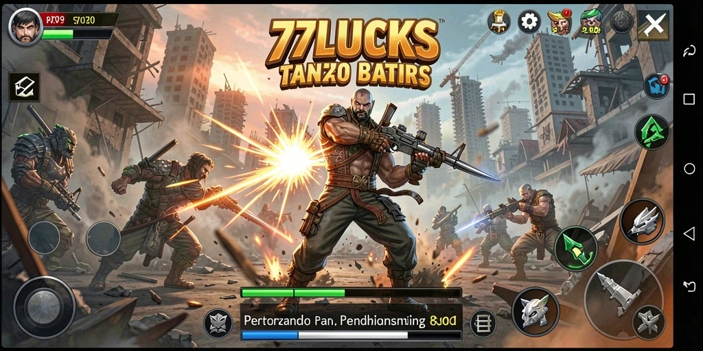 Tampilan gameplay 77LUCKS yang menegangkan dengan aksi pertarungan.