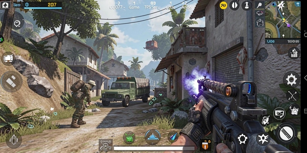 Screenshot gameplay COO77 menampilkan aksi seru dalam pertempuran TPS.