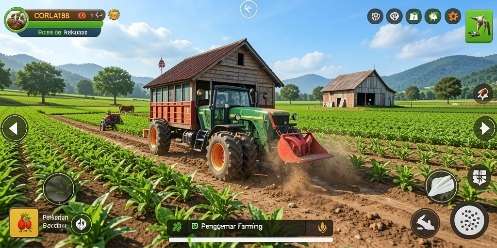 Tangkapan layar dari gameplay <strong>CORLA188</strong> menampilkan kebun dengan tanaman dan hewan peliharaan.