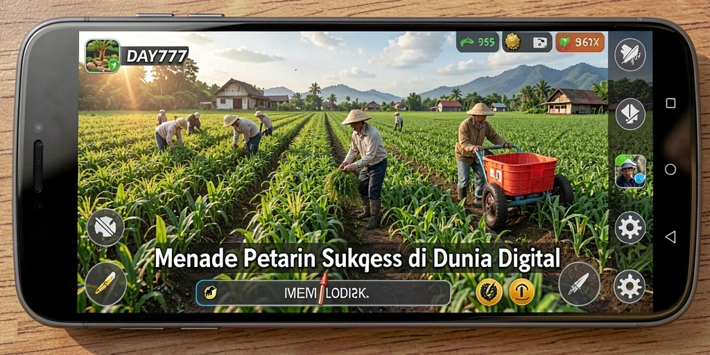 Tampilan gameplay DAY777 dengan petani merawat ladang.