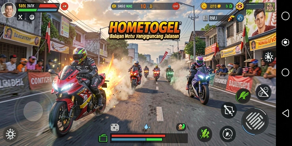 Screenshot HOMETOGEL menampilkan aksi balapan motor yang seru dan dinamis.