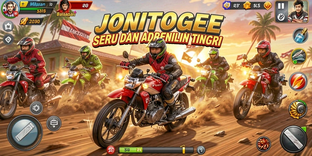 Gameplay seru JONITOGEL dengan balapan motor yang mendebarkan.