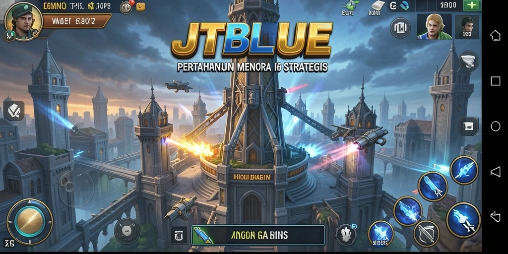 Tangkapan layar utama JTBLUE menampilkan aksi seru dalam game Tower Defense.