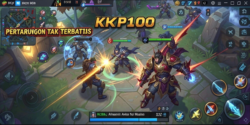 Screenshot KPK100 menampilkan pertarungan sengit dalam gameplay MOBA.