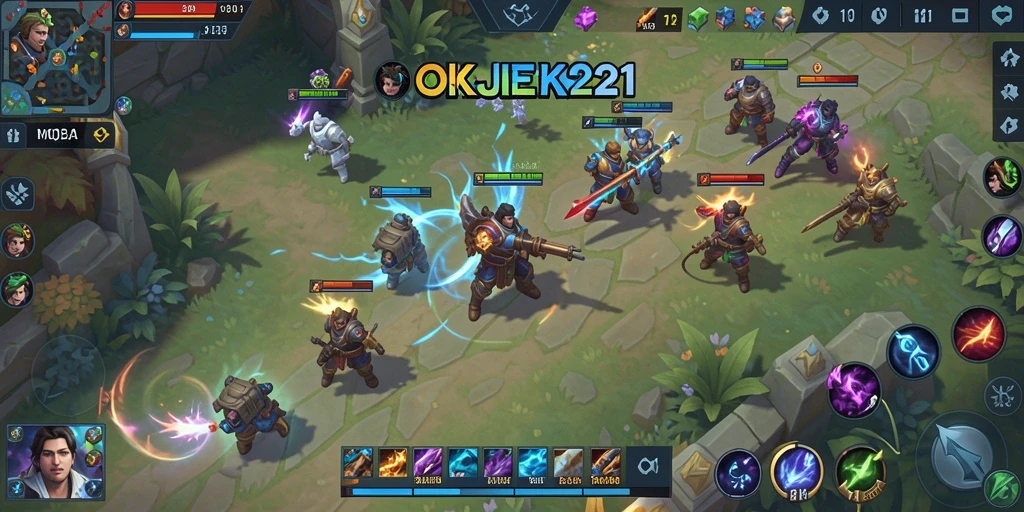 Tampilan gameplay seru dalam OKJEK21 dengan aksi MOBA yang mendebarkan.