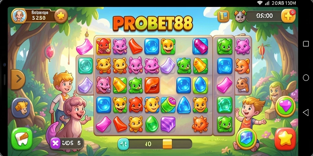 Tampilan gameplay seru PROBET88 dengan elemen Match-3 yang menarik.