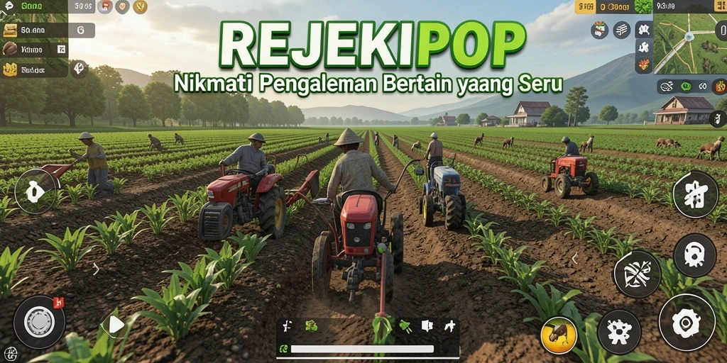 Tampilan gameplay REJEKIPOP menampilkan aktivitas bertani yang seru dan interaktif.