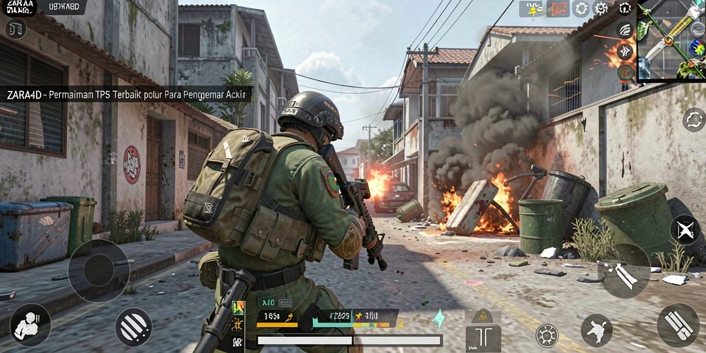 Tampilan screenshot ZARA4D menampilkan aksi pertempuran seru dalam gameplay TPS.